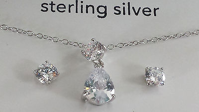 NEW.925SS Lovely Set Necklace/Earrings Round/Pear CubicZirconia,Gift Box,Orig$35