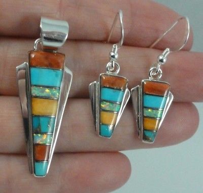 Sterling Silver Turquoise Opal Spiny Oyster Inlay Earrings Pendant Set Striped