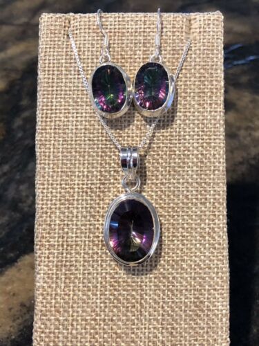 Gorgeous Set Of Oval Shape Mystic Topaz Earrings/Necklace & 925 Sterling Silver