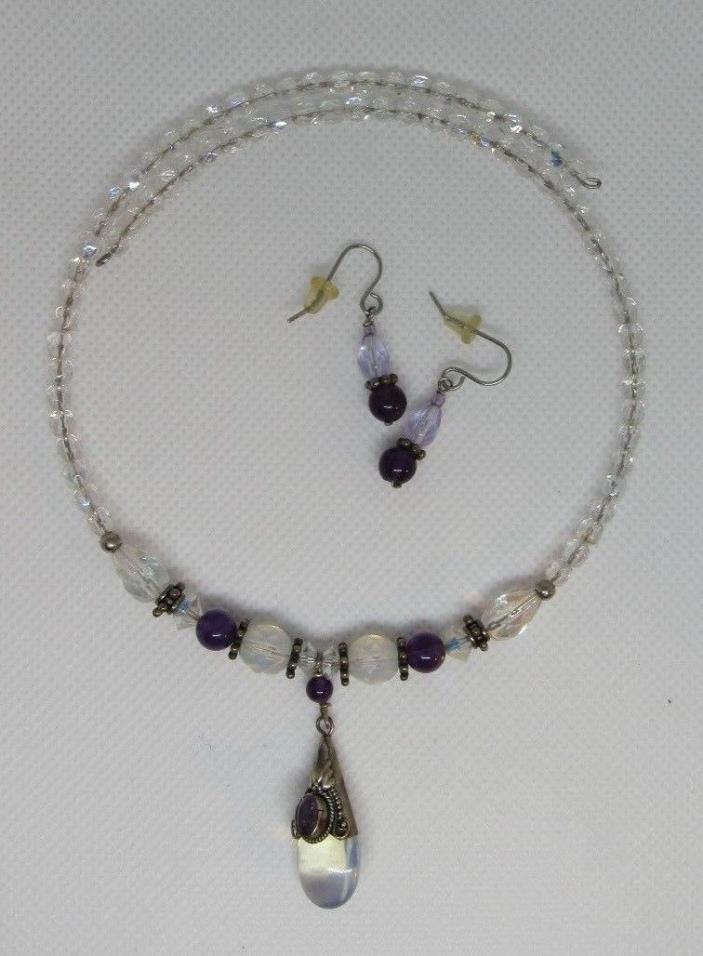 Sterling Silver U Shape Choker/Necklace Purple Clear pendant And Earrings #18.99