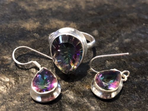 Gorgeous Set Of Pear Shape Mystic Topaz Ring/Earrings & 925 Sterling Silver