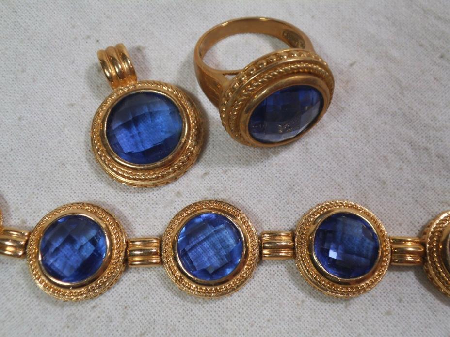 Ross Simons 18k Gold over Sterling-Blue Rhinestone SET -Bracelet,Ring,Pendant-gb