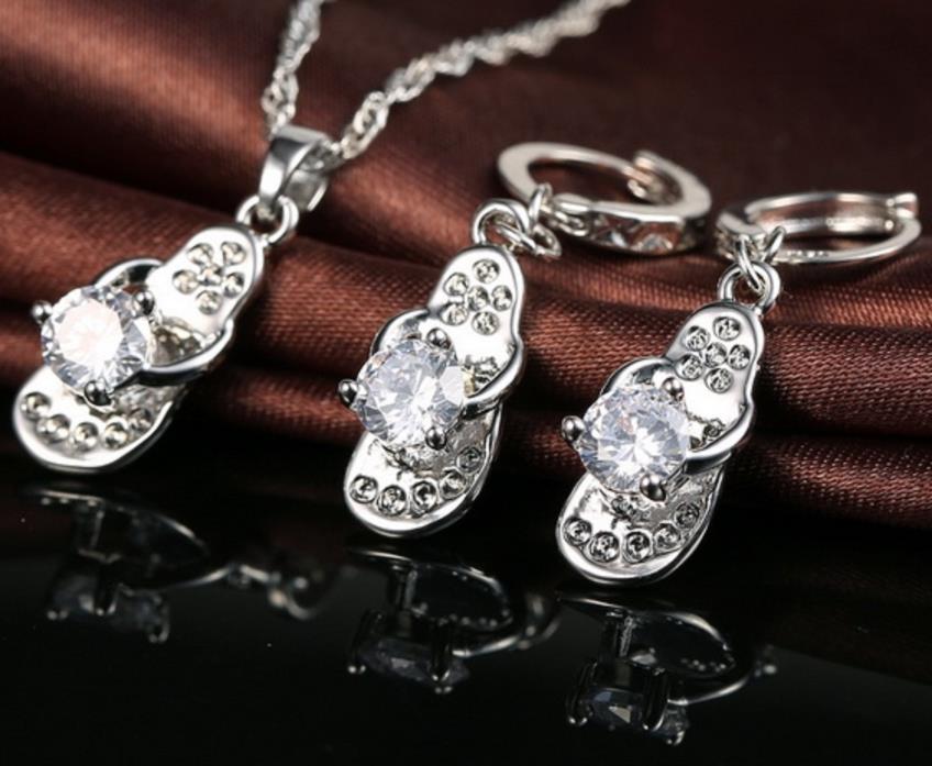 Flip flop sterling silver crystal necklace earring set