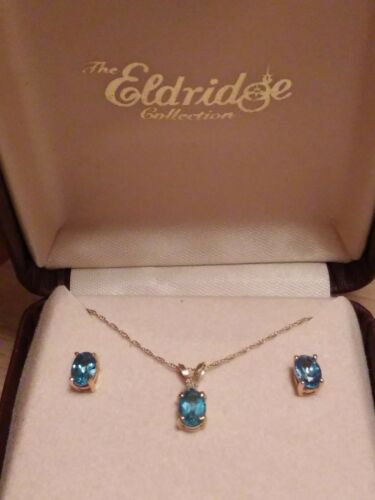 14K GOLD BLUE STONE NECKLACE+PENDANT AND EARRINGS SET