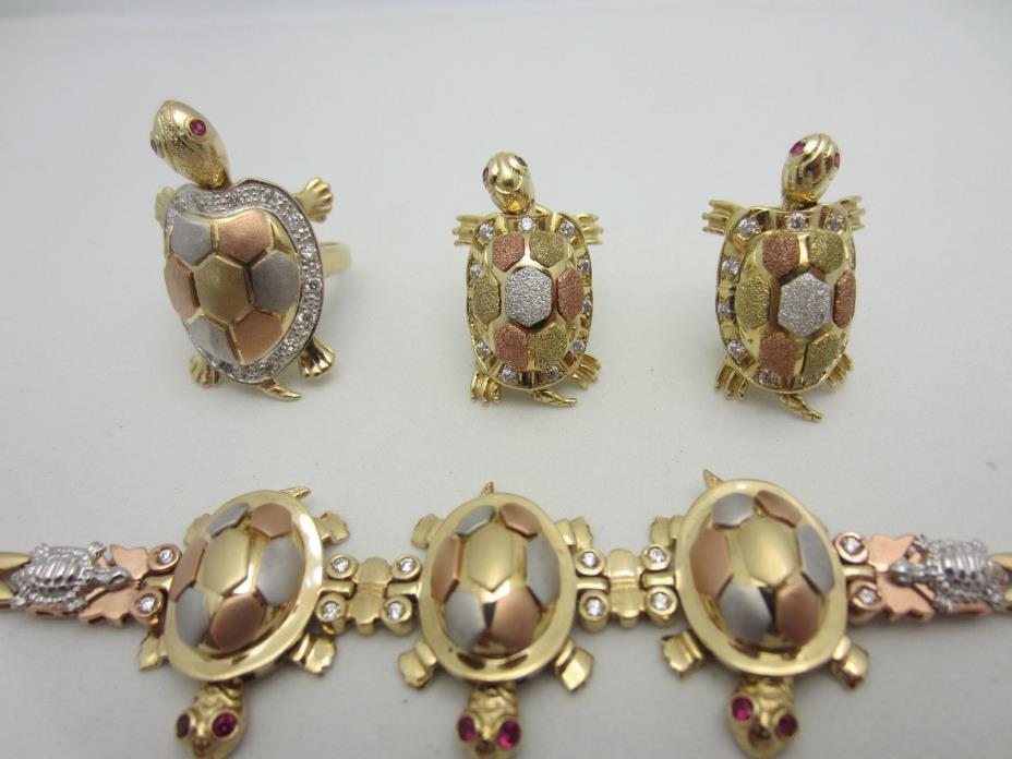 14K Multi Color Gold Turtle Earrings Ring Bracelet Set Movable Head Feet