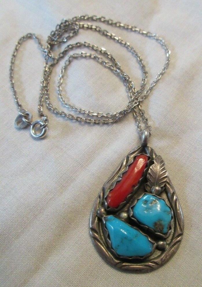 STERLING SIGNED ESTATE CORAL TURQUOISE PENDANT PENKETEWA SOUTHWESTERN NECKLACE