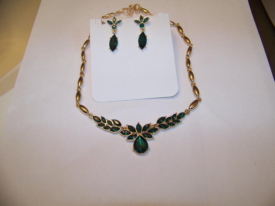 Genuine Chrysoprase Olive Branch Leaves Necklace & Earring Set 24K Gold Filled