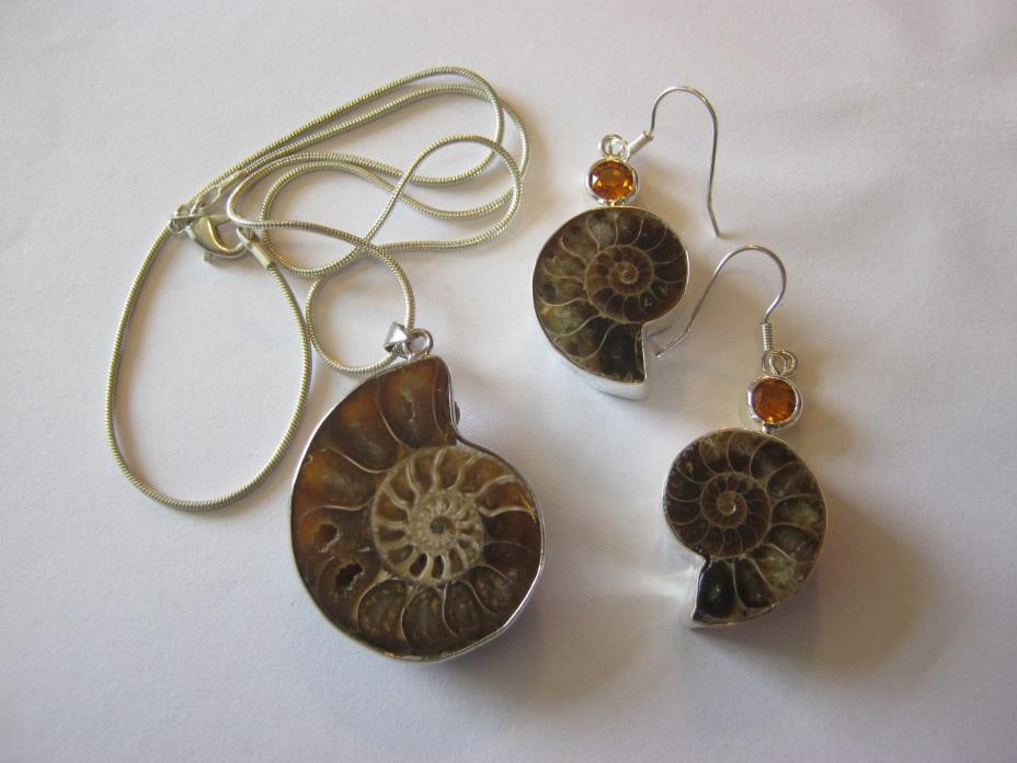Nautilus sterling silver fossilized ammonite natural fossil necklace & earrings
