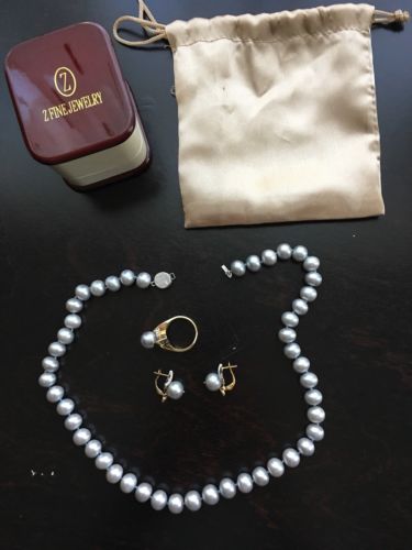 ZFine Jewelry Grey Pearl/ 14K Yellow Gold Set