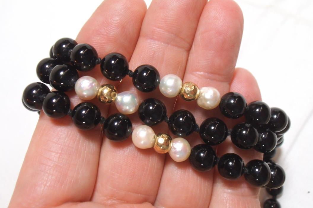14K Yellow Gold & Black Onyx Bead w/ Pearls Bracelet & Necklace SET - gb