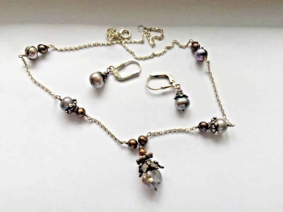 Estate Vintage 925 Sterling Silver Pearl Necklace and Earrings Set