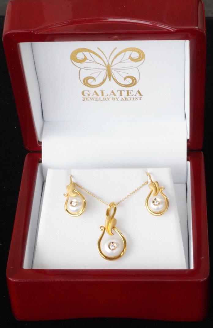 NEW 14K Yellow Gold Galatea Diamond Pearl Earring Necklace Set