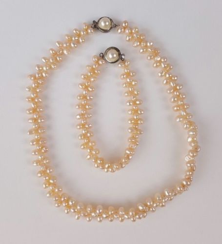Vintage Pearl Necklace Fresh Water Pink Bracelet Set Silver Clasp Rose Gold Art
