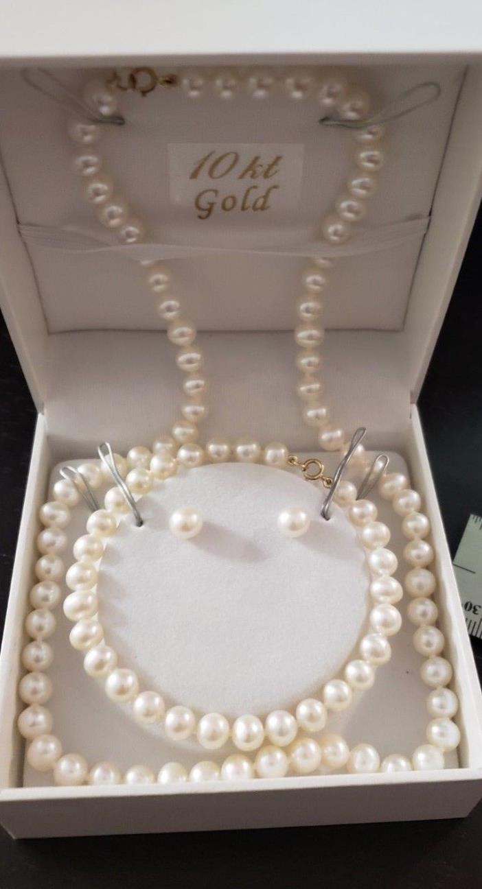 Set~Genuine Cultured Fresh Water Pearls~ Necklace, Bracelet, Earring ~ 6mm-6.5mm