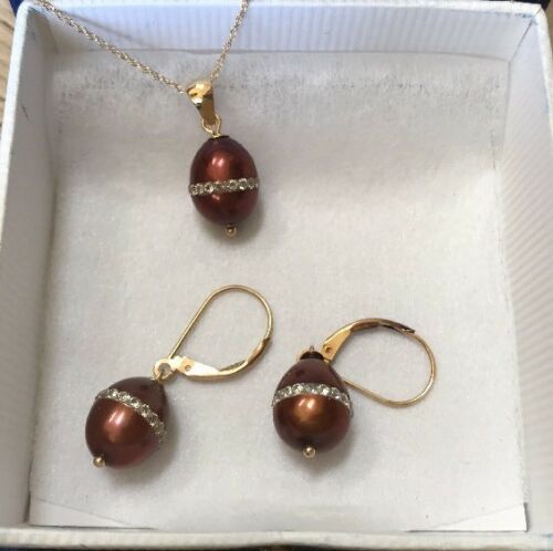 New 14K Genuine Chocolate Pearl And Pave Necklace And Earrings Matching Set