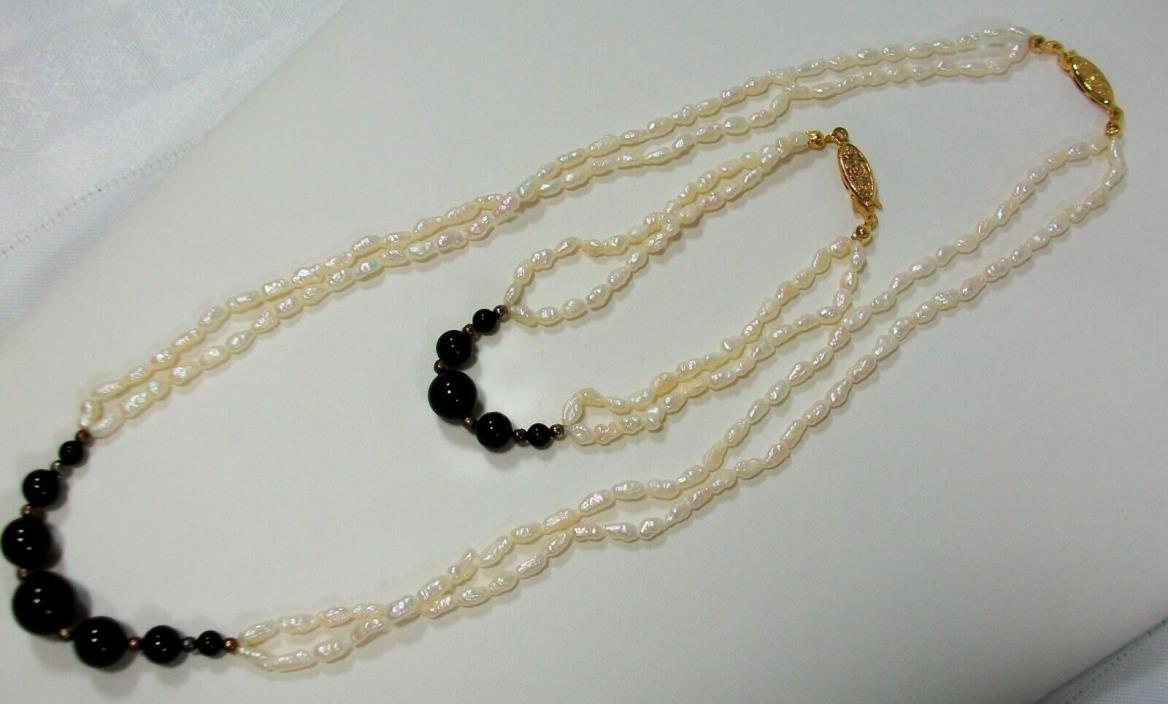 New Seed Pearl and Onyx Necklace and Bracelet Set with Gift Box