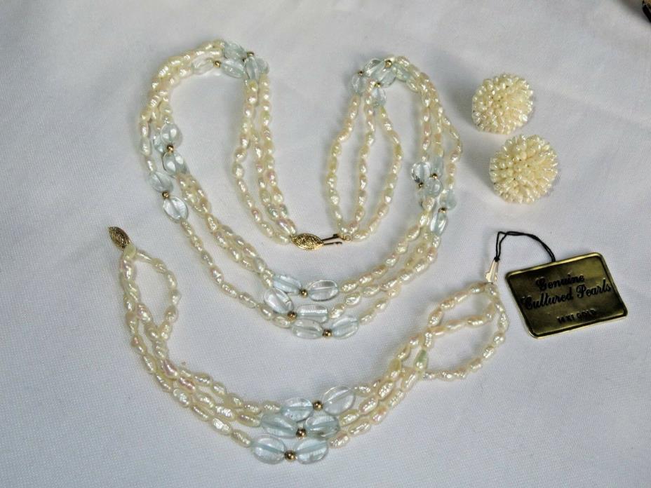14K Gold Culture Pearl Topaz Necklace Bracelet Jewelry (ac828)