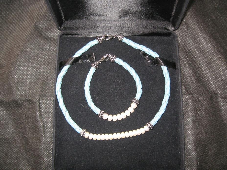Fresh water pearl and leather necklace and bracelet set