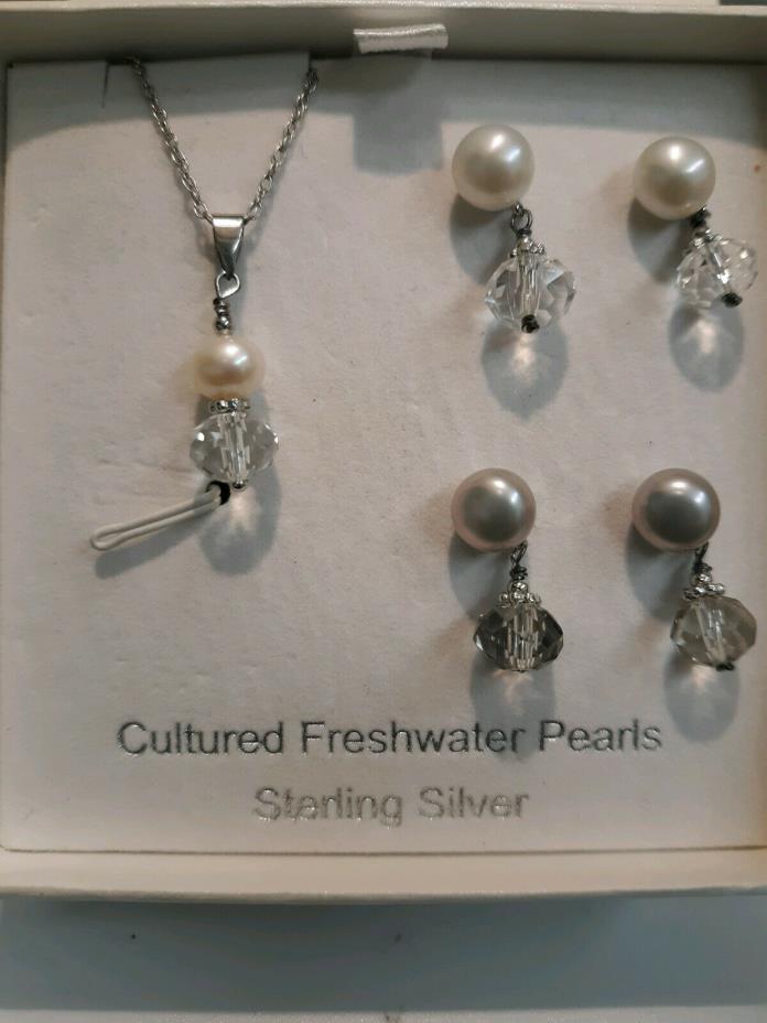 Sterling Silver/Cultured Pearl Necklace and Earring Set