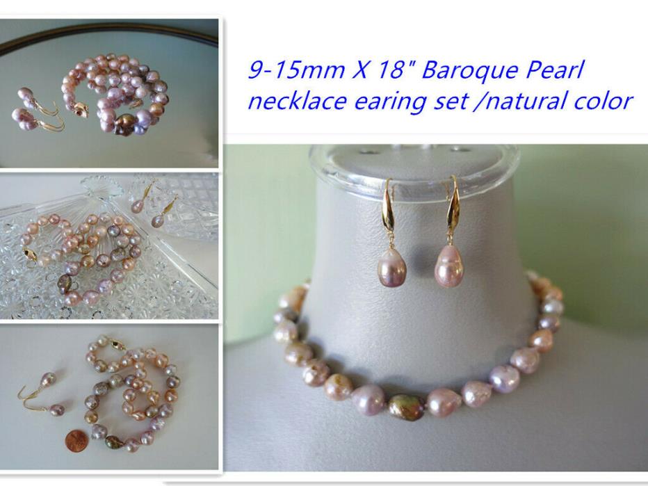 New 9-15MM Genuine Baroque Pearl Necklace Earing Set    18