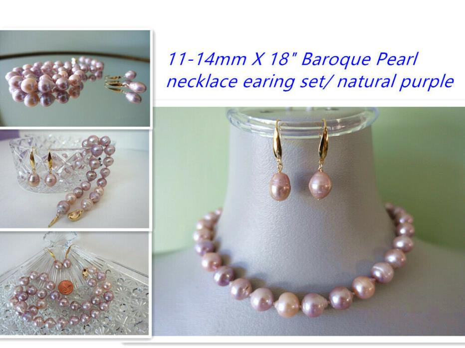 New 11-14MM Genuine Baroque Pearl Necklace Earing Set    18