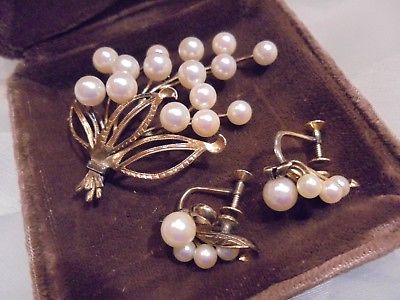 14 KT GOLD PEARL VICTORIAN EUROPEIAN BROOCH EARRING SET