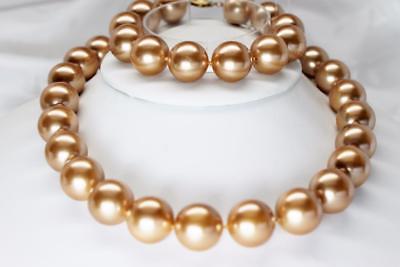 ~MGJ~ SET 14K Yellow Gold Genuine Champagne Shell Pearl 16mm NECKLACE-BRACELET