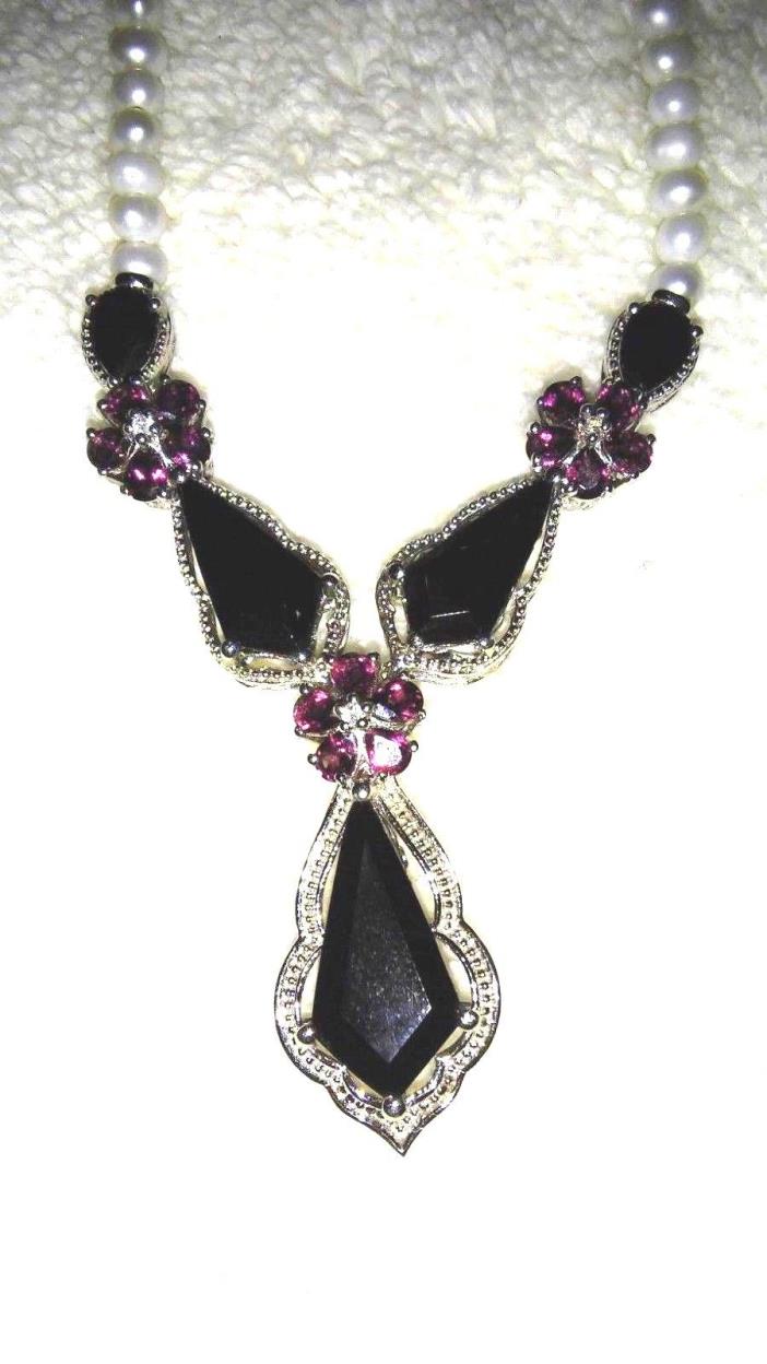 Australian Black Tourmaline Orissa Rhodolite and Pearls necklace and earrings
