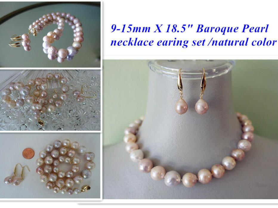 New 9-15MM Genuine Baroque Pearl Necklace Earing Set    18.5