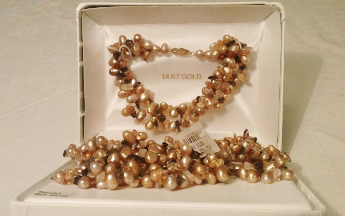 Genuine Freshwater Pearl Necklace and Bracelet Set with 14 KT Gold Clasp . NWT