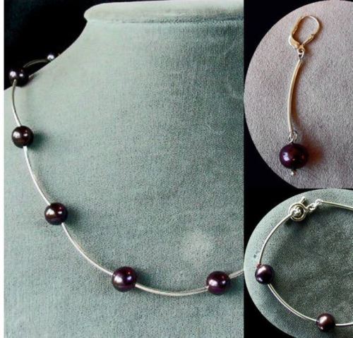 BLACK GRAPE Pearl STERLING Silver Bracelet, Earrings and Necklace 3948