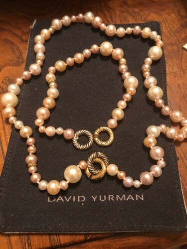 NEW David Yurman Multi Color Pearl Necklace+Bracelet Set 18k/Sterling Clasp NEW