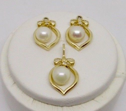First Rate Designer 14K Gold Pearl & Diamond Enhancers with Matching Pendant