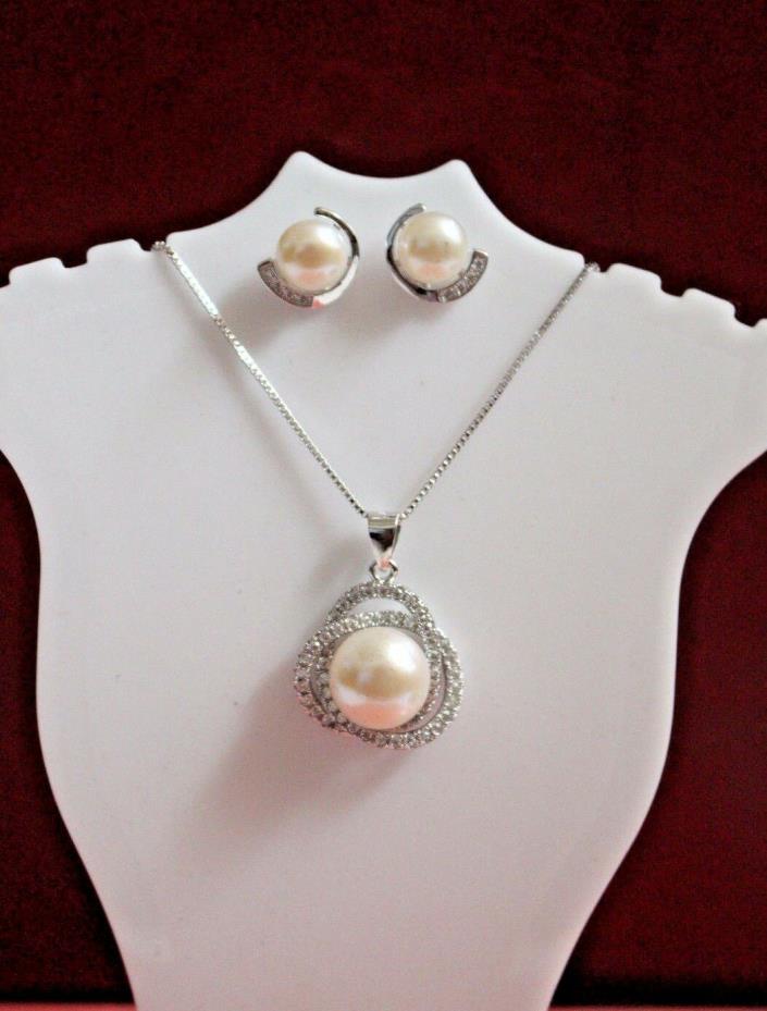 Natural Freshwater Pearl, CZ stones, Earrings, Necklace Set, Big Pearl 10-11mm