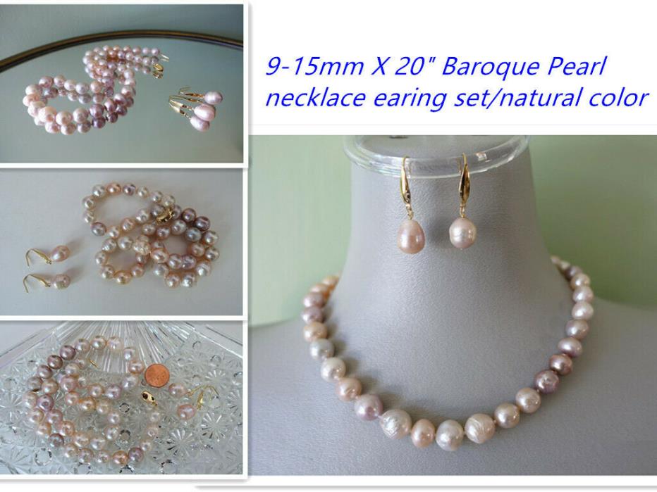 New 9-15mm Genuine Baroque Pearl  Necklace Earing Set  20