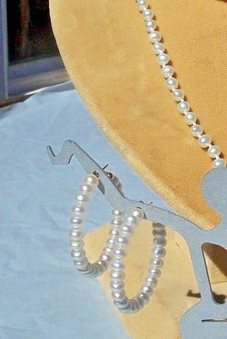 14k Gold Pearl Hoop Earrings Necklace Set Yellow Gold Accents
