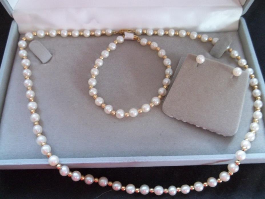 Pearl set necklace, bracelet earrings 14K gold clasps and accent beads NEW BOXED