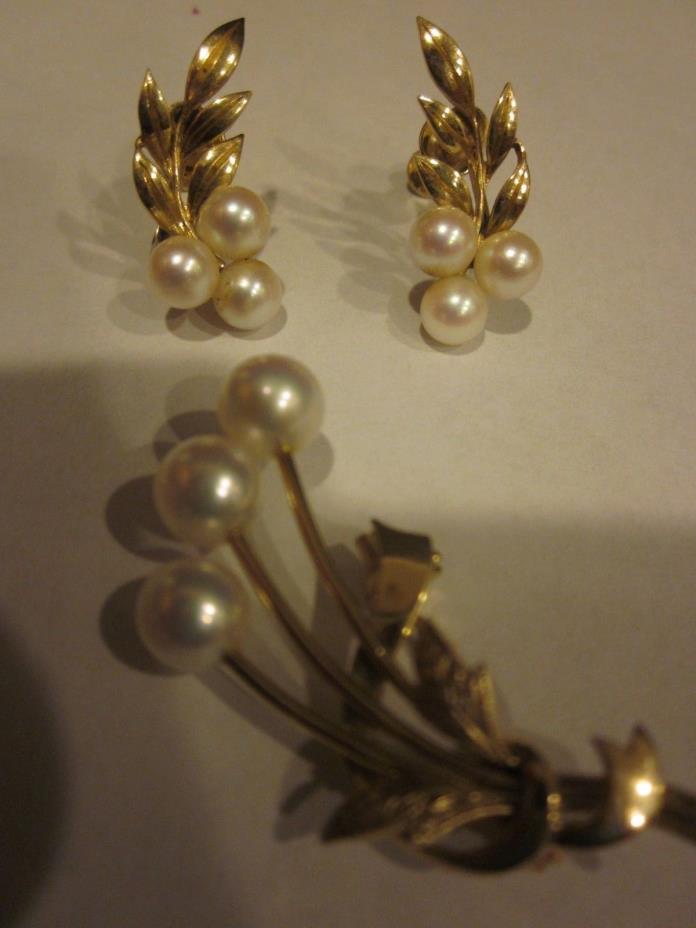 Antique Vintage Mikimoto 14k YG Akoya Cluster Earrings & Matching Brooch Set