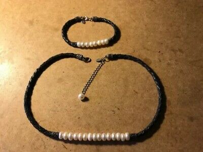 Sterling Silver Freshwater Pearl Braided Leather Cord Necklace and Bracelet Set