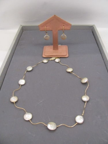 Necklace and Earrings Set - 4mm Coin Pearls and 14K Yellow Gold