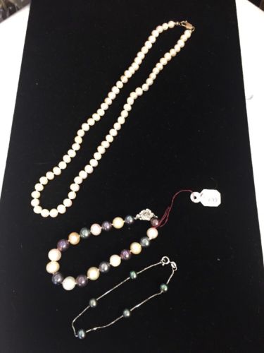 Sterling Silver Pearl Necklace and TWO Bracelets Lot 925 Blue Pearl Purple Pearl
