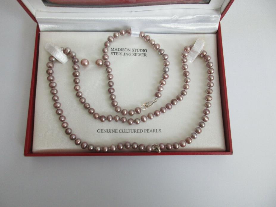 Sterling Silver Lavender Cultured Pearl Necklace Bracelet Earring Set Madison
