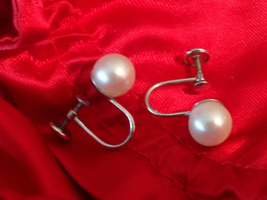 14K White Gold Screw Back Pearl Earrings - Vintage