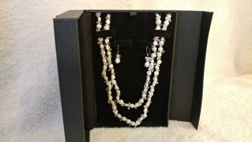 Coldwater Creek Cultured Freshwater Pearl Clear Stone Chip Necklace Earrings Set