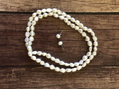 genuine AKOYA CULTURED PEARL 23” NECKLACE & 7 mm EARRING set 925 Sterling Silver