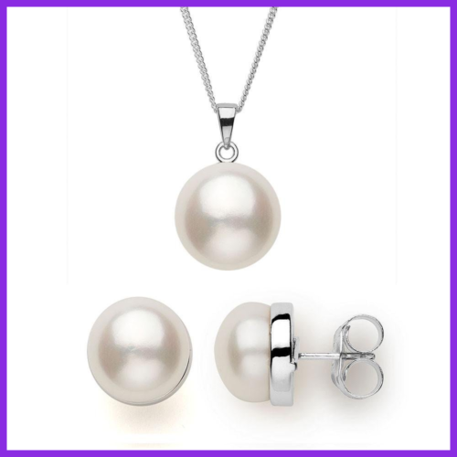 STERLING SILVER & 13 14 Mm Freshwater Pearl Earring Pendant Set WHITE Pearls.