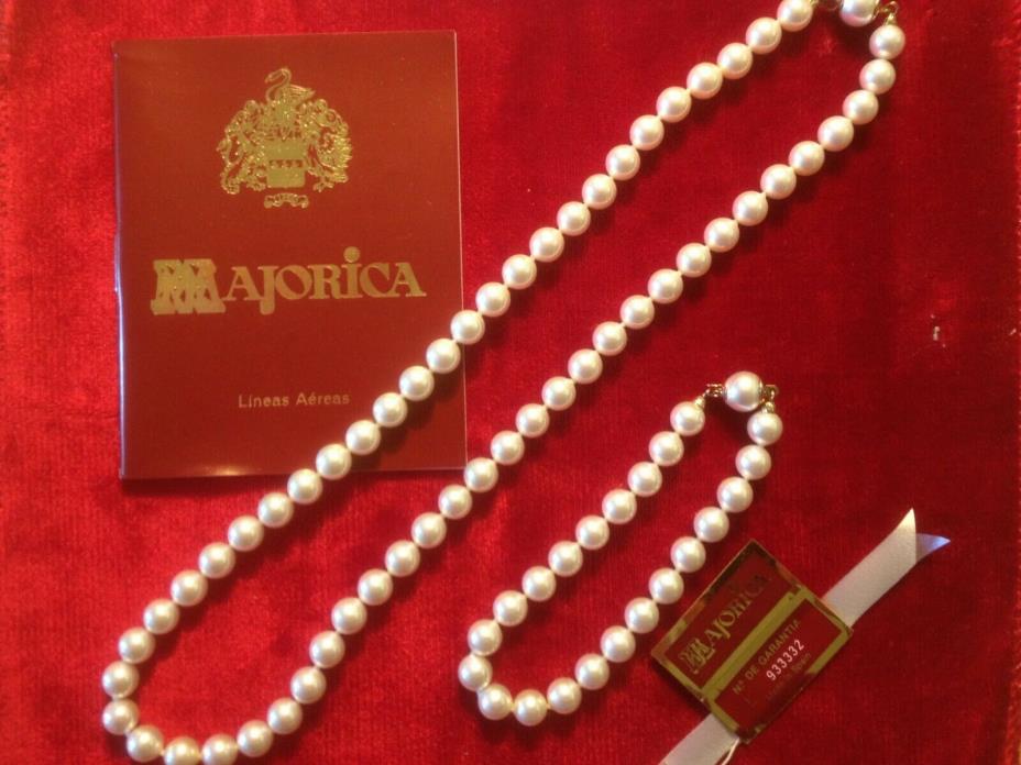 NWT Majorica Pearl Necklace & Bracelet Set 925 Sterling, Box/Authenticity Papers