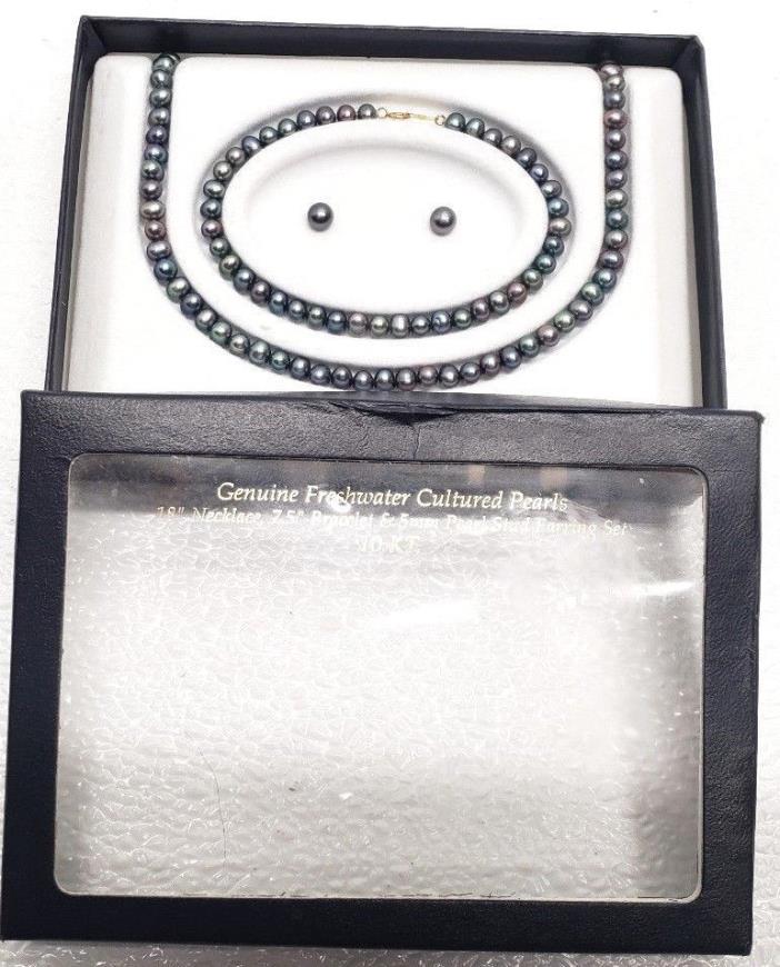 Genuine Freshwater Cultured Pearls Necklace Bracelet Stud Earring Set 10 KT Gold