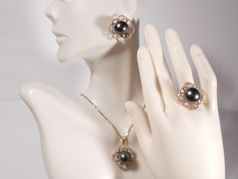 Tahitian black pearl set(ring,earrings & pendant),diamonds,solid 14k yellow gold