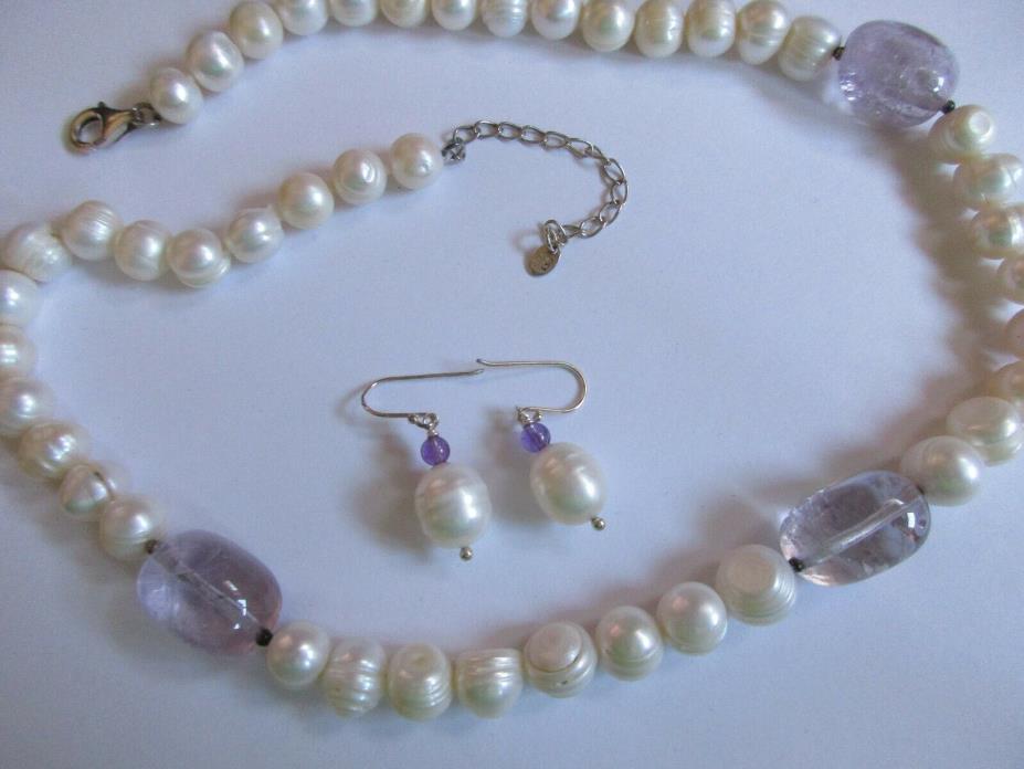 RINGED PEARL AND AMETHYST STONE NECKLACE & EARRINGS-STERLING SILVER